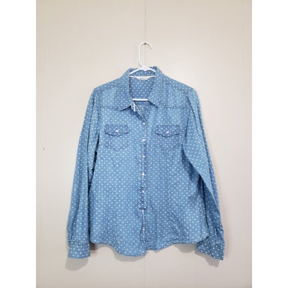 Wallflower Tops - Wallflower Womens XL Blouse Pearl Snap Front Denim Chambray Polka Dot Western